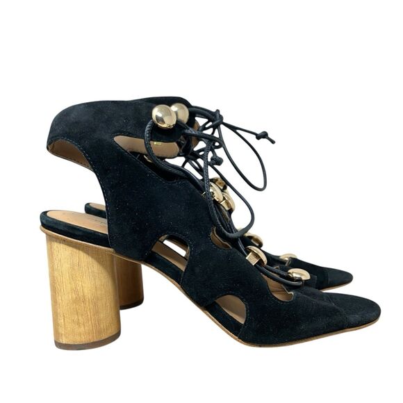 Rebecca Minkoff Black Suede Lace Up Open Heel Block Sandals Womens 6.5 - Picture 13 of 13